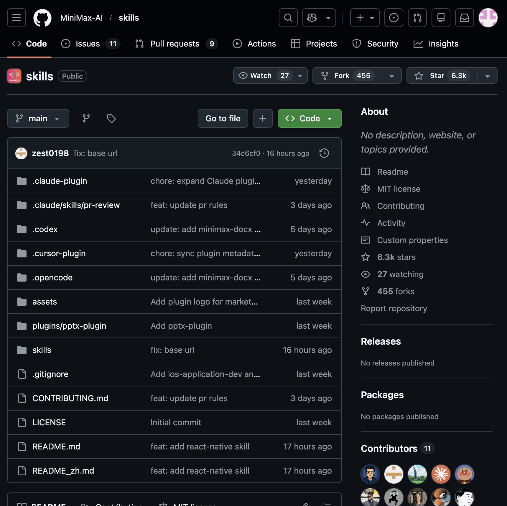 MiniMax Agent Skills library overview, showing the open source skill collection that powers their agent