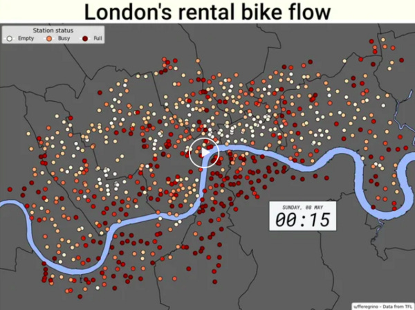 I wanted to know how the London cycles move around London, so I did this animation. Thought you may find it interesting too. : london I wanted to know how the London cycles move around London, so I did this animation. Thought you may find it interesting too. : london