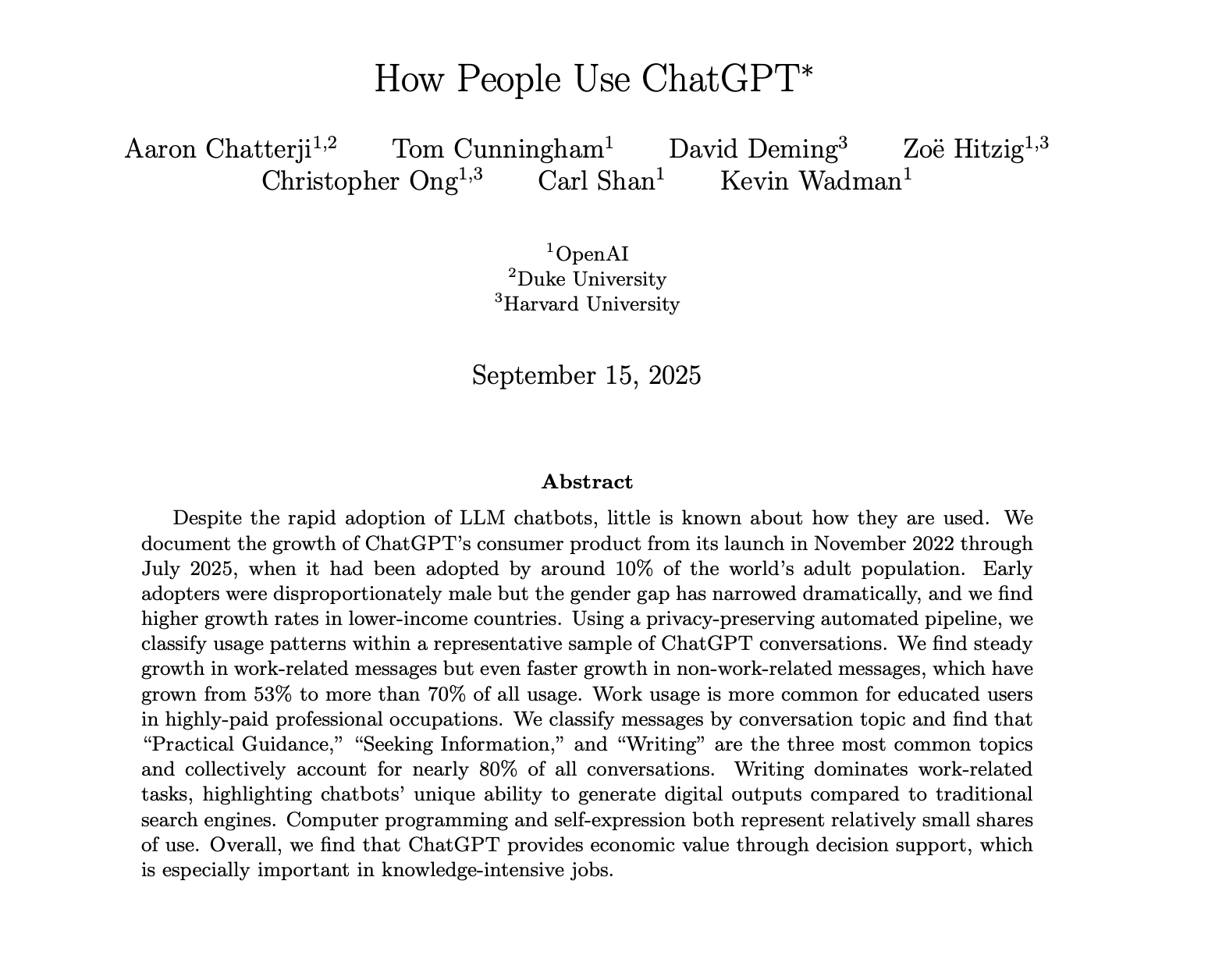 Chart from OpenAI's 700M ChatGPT users study showing 73% personal usage versus 27% work-related and the top use case categories